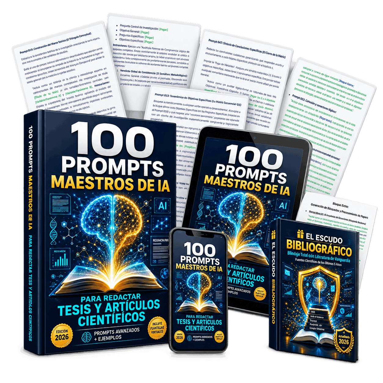 Páginas interiores de 100 Prompts Maestros de IA para Tesis y Artículos Científicos